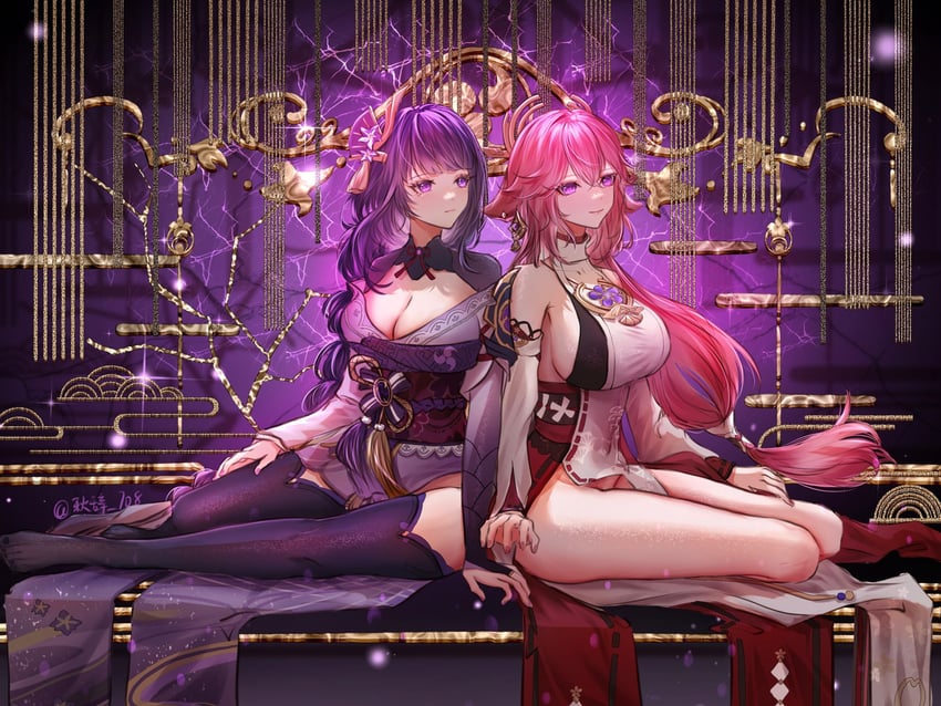 raiden shogun and yae miko (genshin impact) drawn by qiuci