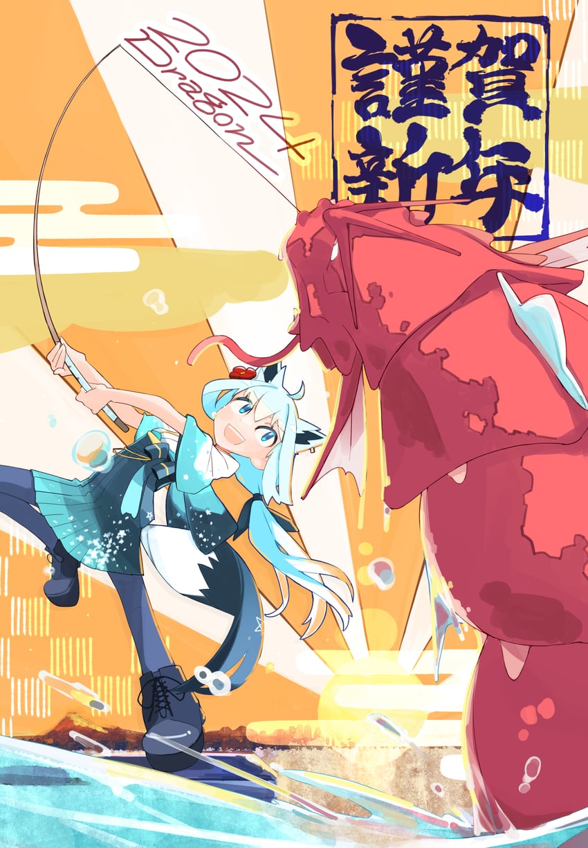shirakami fubuki and gyarados (pokemon and 1 more) drawn by misono_denpachi