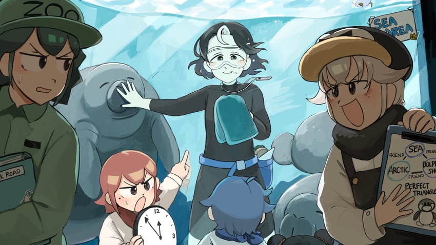 penguin keeper, survey girl, parrot keeper, lion shirt boy, orca keeper, and 1 more (zookeepers) drawn by diva_(hyxpk)