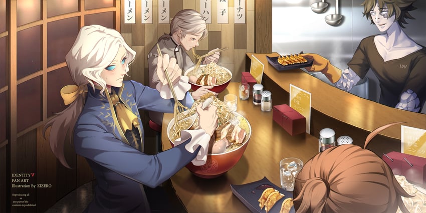 joseph desaulniers, luca balsa, aesop carl, and fool's gold (identity v) drawn by zizero