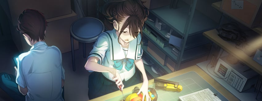 senomiya akiho, yashio kaito, and tanegashimachine-3 (robotics;notes) drawn by fukuda_tomonori