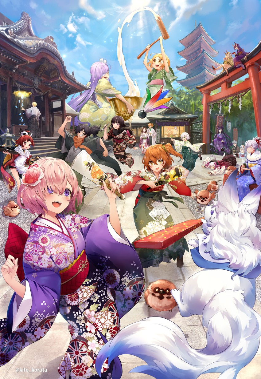 mash kyrielight, fujimaru ritsuka, gilgamesh, shuten douji, miyamoto musashi, and 16 more (fate and 1 more) drawn by kito_koruta