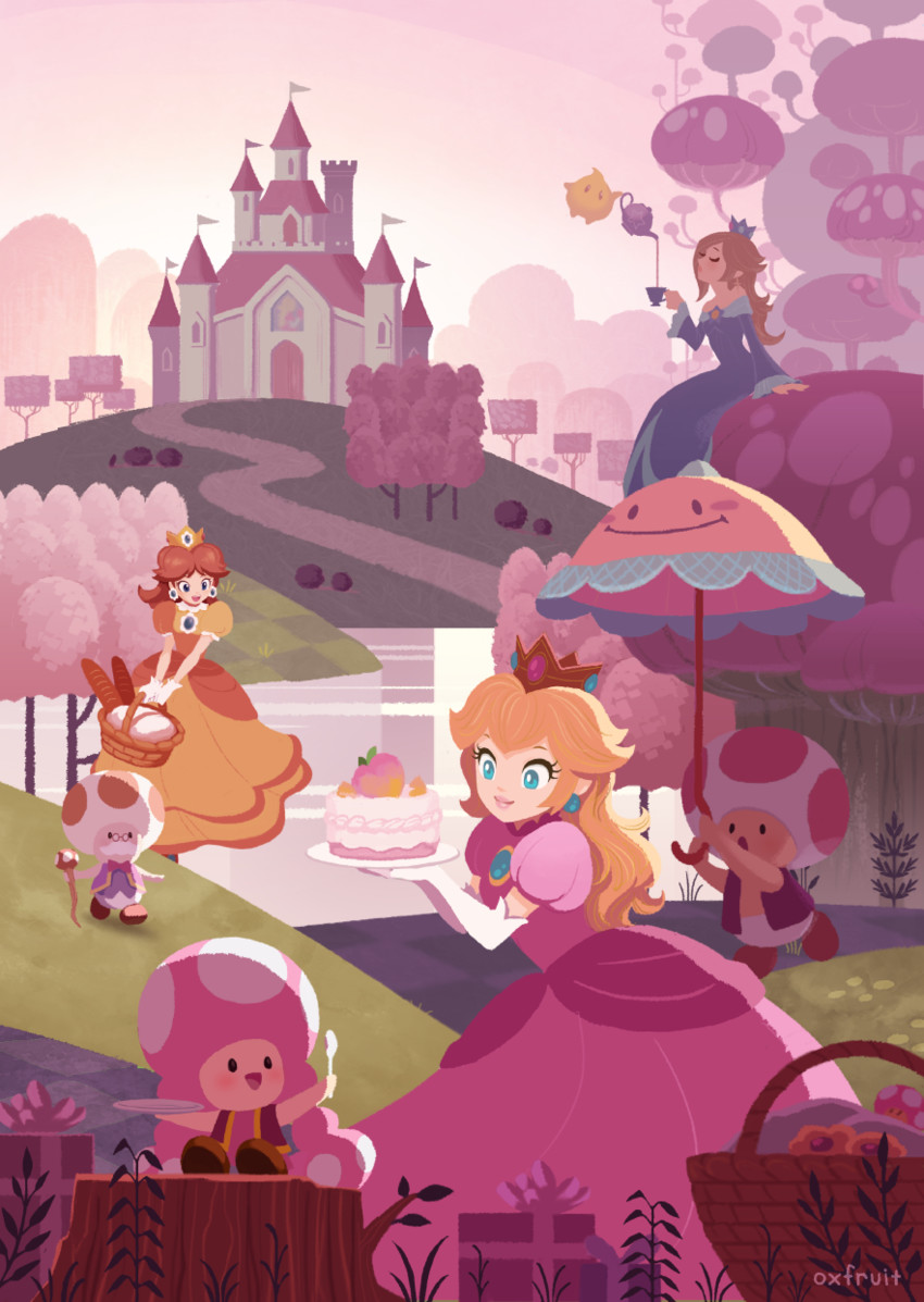 princess peach, rosalina, princess daisy, luma, toad, and 4 more (mario and 1 more) drawn by hans_tseng