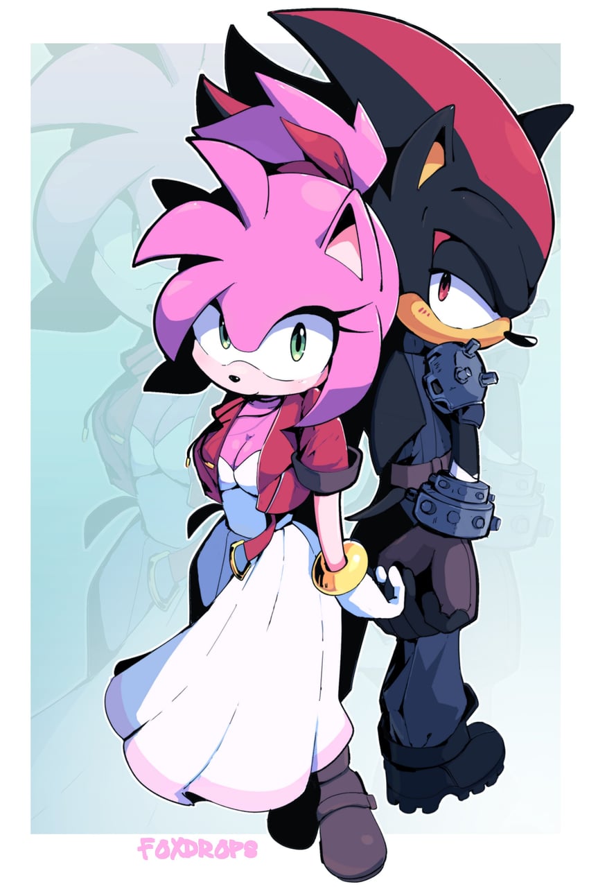 cloud strife, aerith gainsborough, shadow the hedgehog, and amy rose (final fantasy and 4 more) drawn by foxdropsdraws