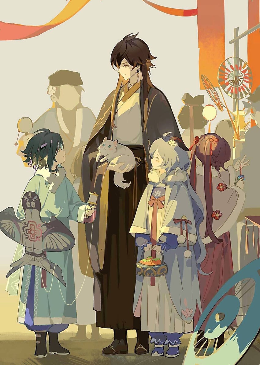 ganyu, hu tao, zhongli, and xiao (genshin impact) drawn by huashengmi