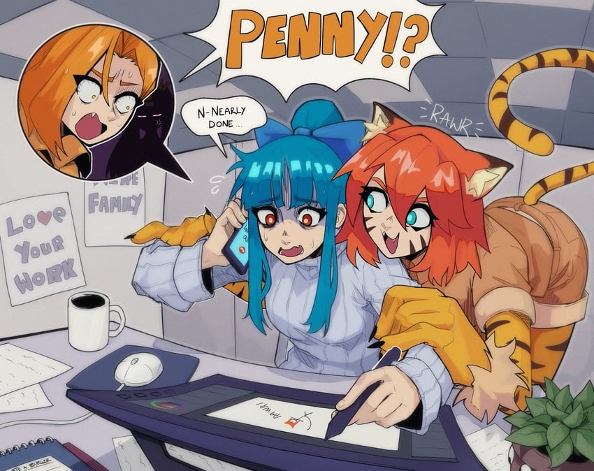 blythe, penny, whiskey, and tiger-chan (endless monday: dreams and deadlines) drawn by tomonaku