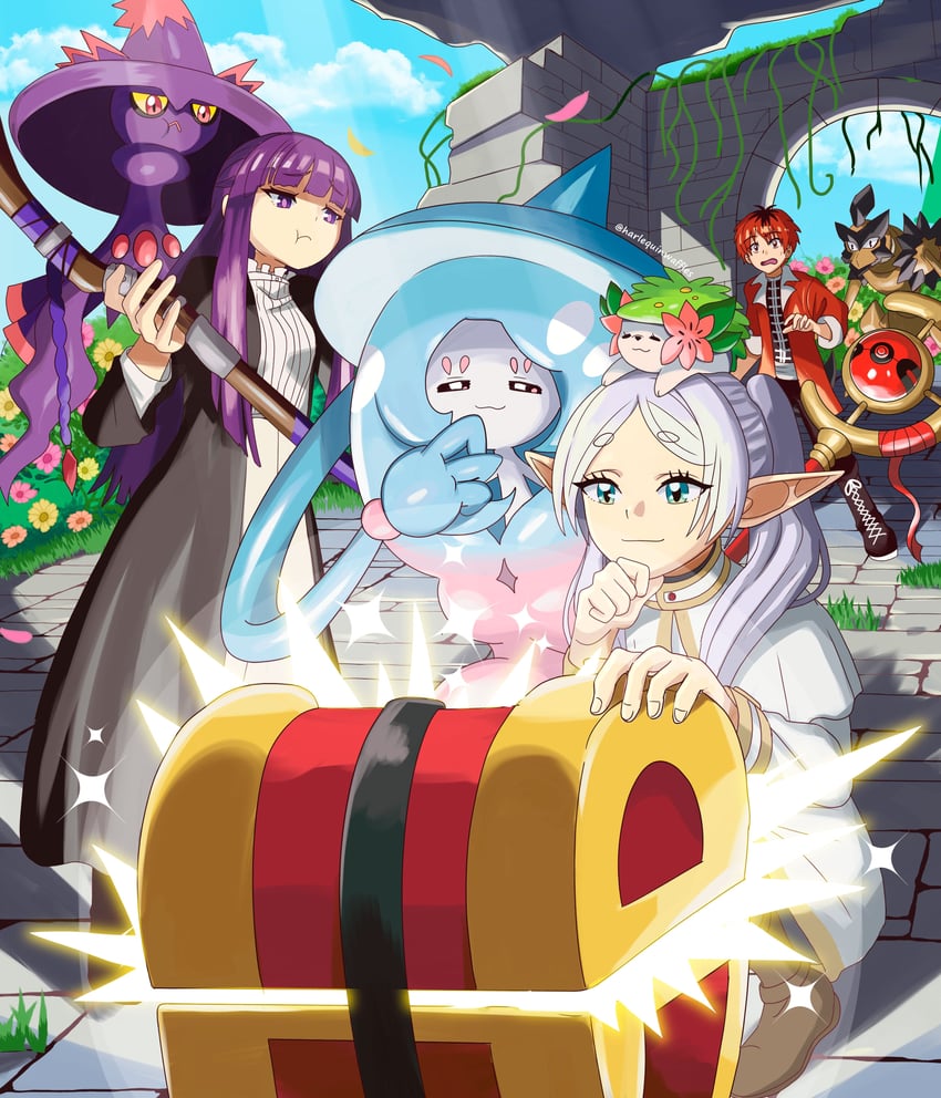 frieren, fern, stark, shaymin, mismagius, and 2 more (pokemon and 1 more) drawn by harlequinwaffles