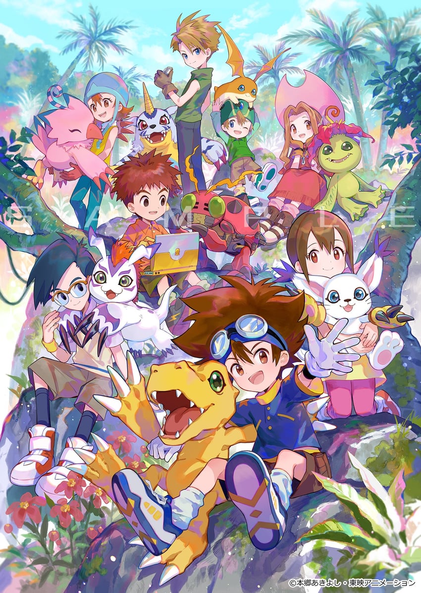 yagami hikari, yagami taichi, tailmon, agumon, tachikawa mimi, and 11 more (digimon and 1 more) drawn by fuzichoco
