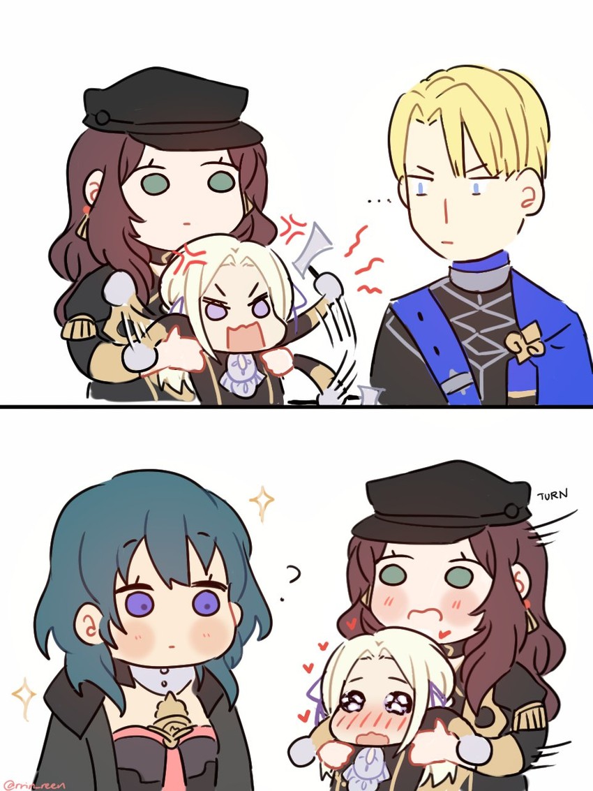 female byleth, edelgard von hresvelg, dimitri alexandre blaiddyd, and dorothea arnault (fire emblem and 1 more) drawn by yukari_(bryleluansing)