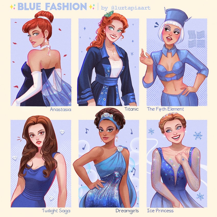 anya, rose dewitt bukater, check-in attendant, bella swan, casey carlyle, and 1 more (titanic and 5 more) drawn by luztapiaart