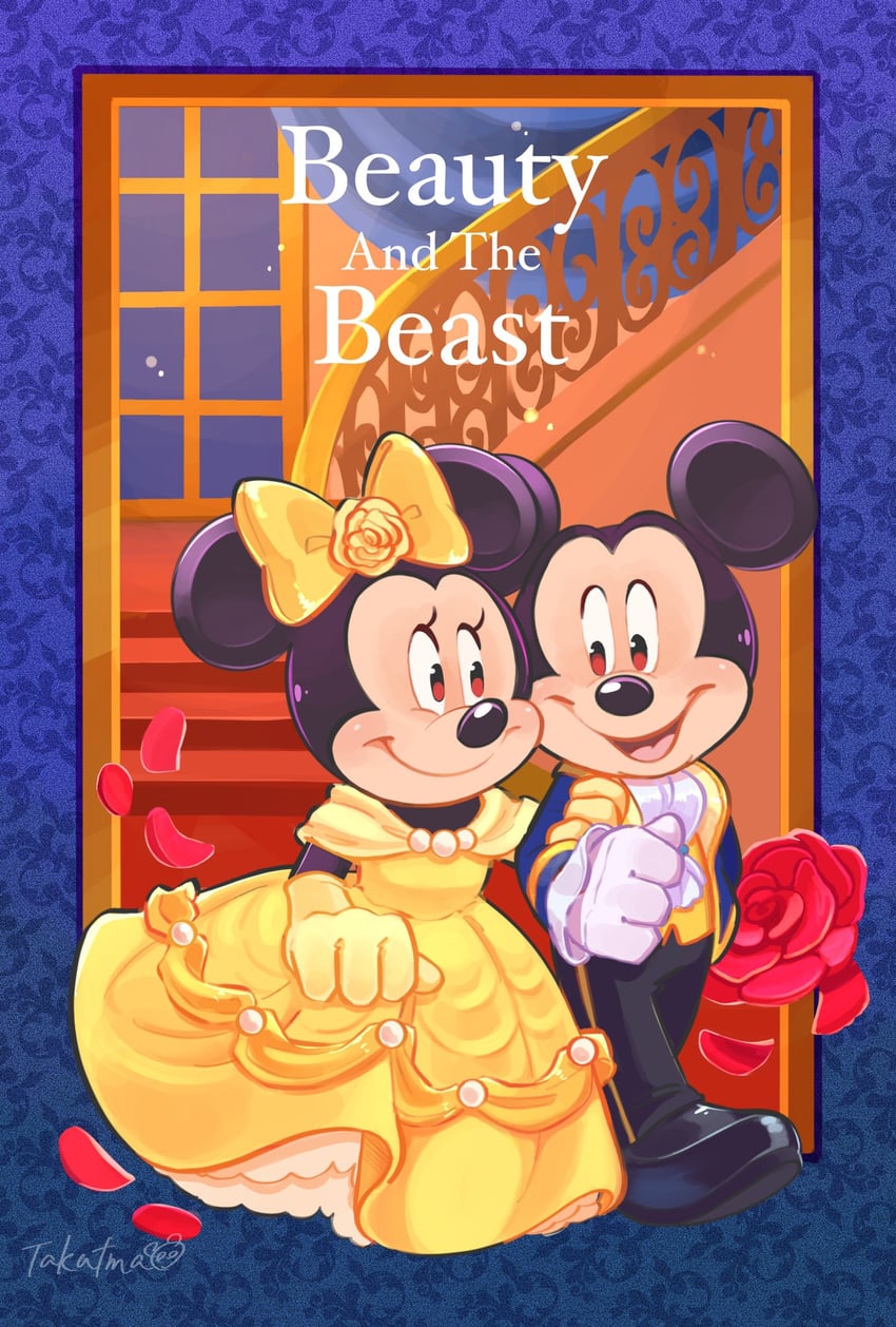 mickey mouse, minnie mouse, belle, and prince adam (mickey mouse & friends and 2 more) drawn by takatmaorange