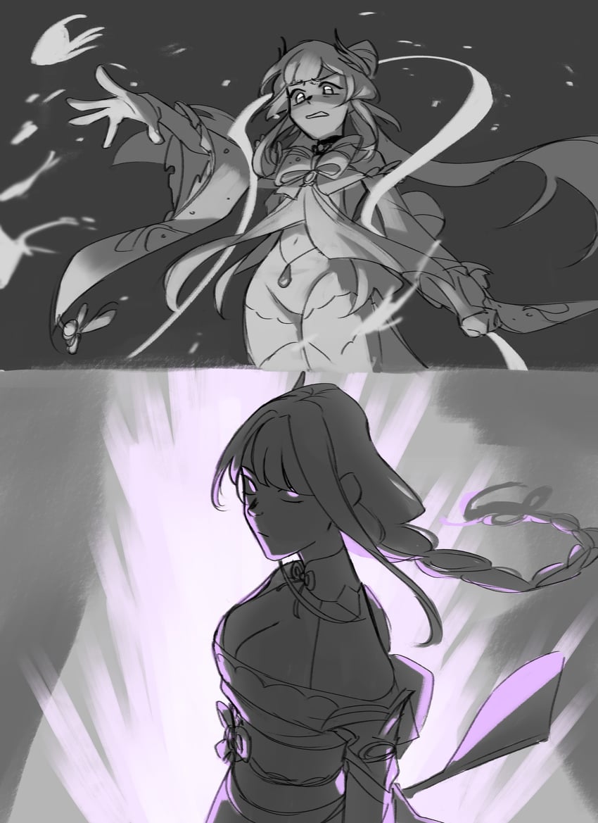 raiden shogun and sangonomiya kokomi (genshin impact) drawn by imsweeps