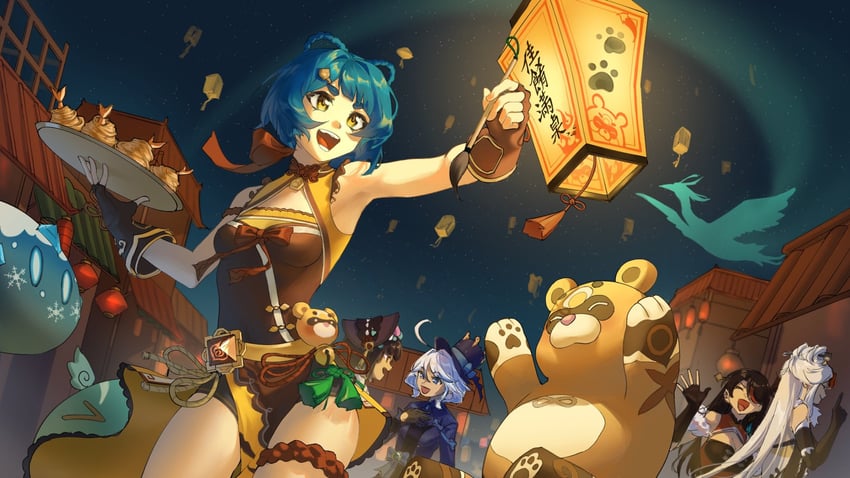 furina, ningguang, slime, beidou, xiangling, and 4 more (genshin impact) drawn by jois_illust