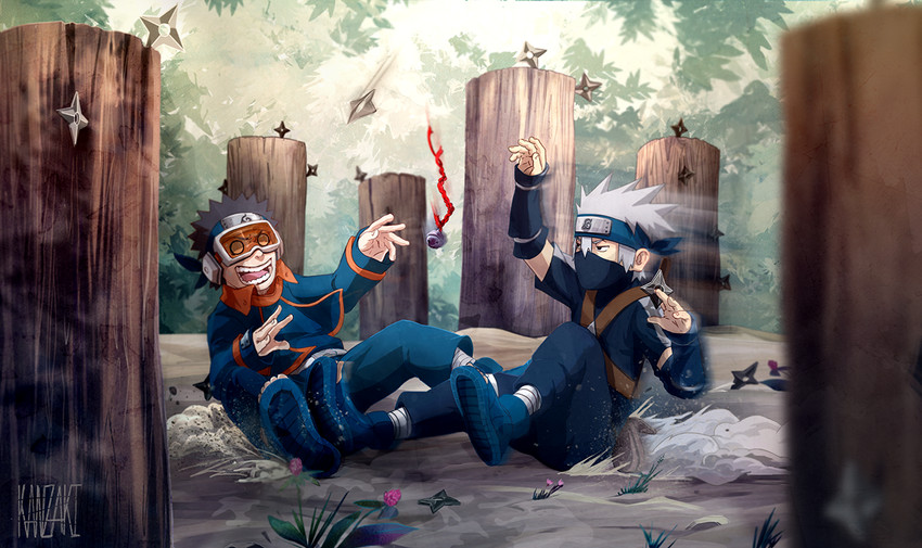 hatake kakashi and uchiha obito (naruto) drawn by kan-z-z-z-aki