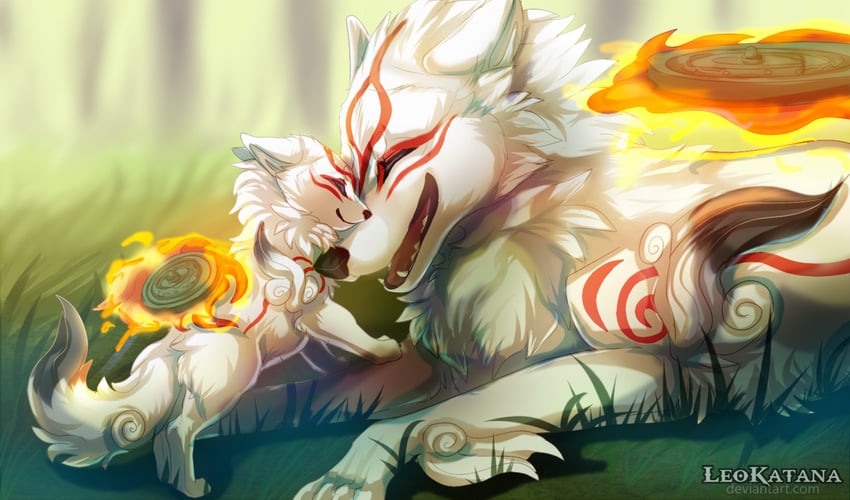 amaterasu and chibiterasu (ookami) drawn by leokatana