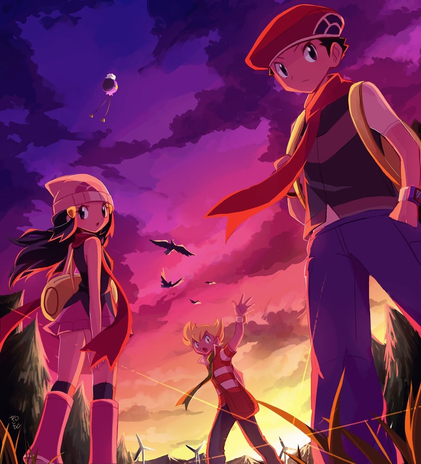 dawn, lucas, drifloon, barry, and staravia (pokemon and 1 more) drawn by sawarabi_(sawarabi725)