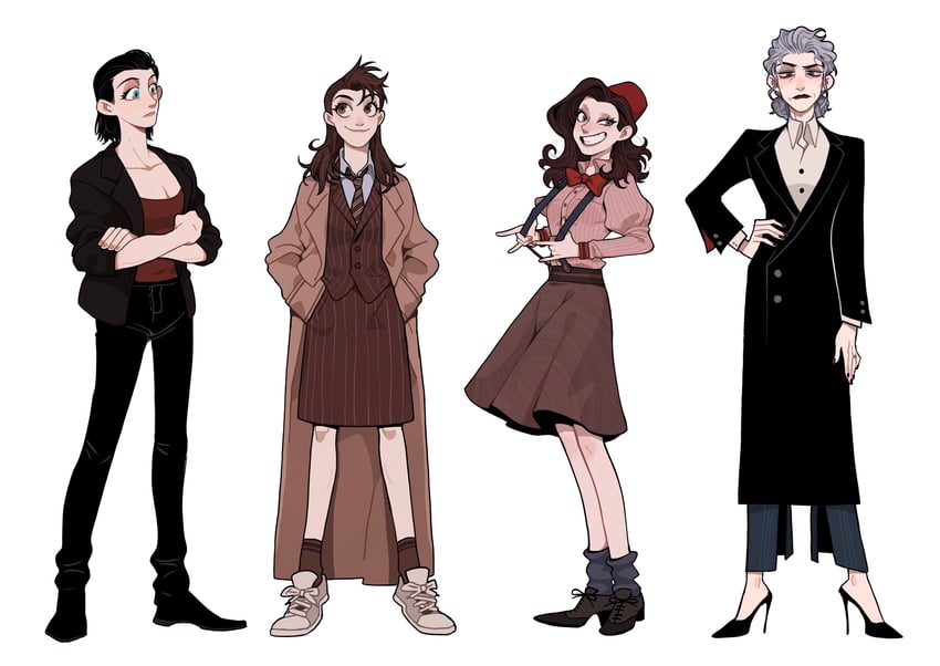the doctor, eleventh doctor, tenth doctor, ninth doctor, and twelfth doctor (doctor who) drawn by juanmao