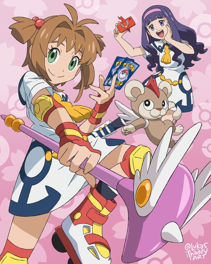 kinomoto sakura, rotom, rotom phone, daidouji tomoyo, chloe, and 1 more (pokemon and 3 more) drawn by lukas_thadeu