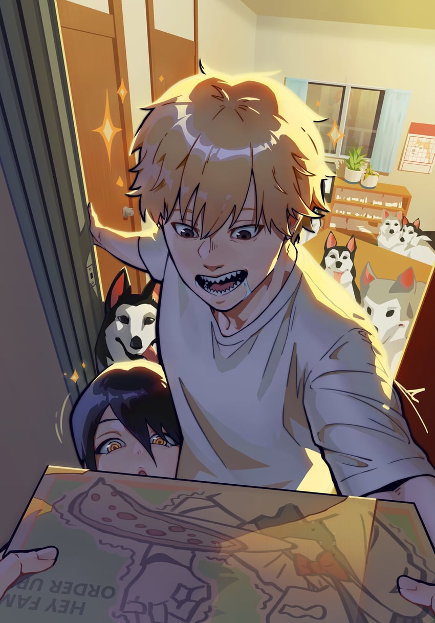 denji, higashiyama kobeni, nayuta, doge, and kabosu (chainsaw man and 1 more) drawn by kenji_uz