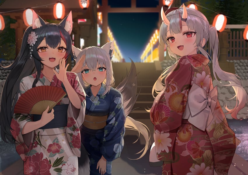 shirakami fubuki, ookami mio, and nakiri ayame (hololive) drawn by iruka3