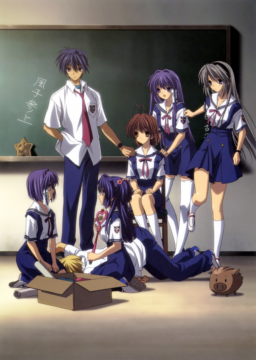furukawa nagisa, fujibayashi kyou, sakagami tomoyo, okazaki tomoya, ichinose kotomi, and 3 more (clannad) drawn by ikeda_kazumi