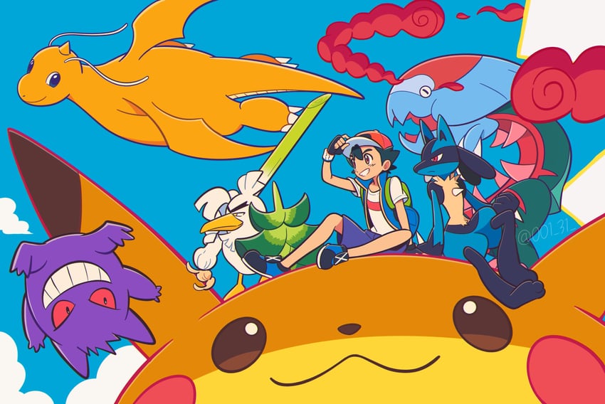 pikachu, ash ketchum, lucario, gengar, dragonite, and 3 more (pokemon and 1 more) drawn by chueog