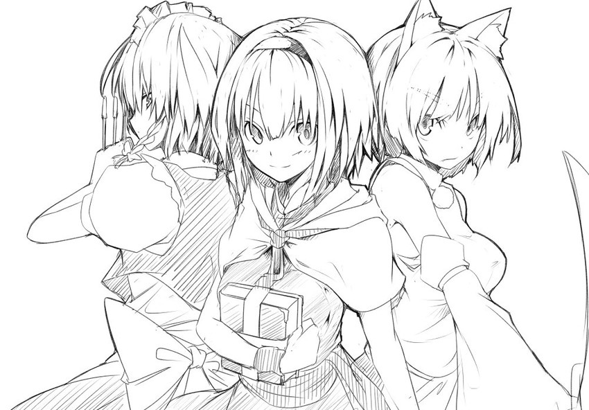 izayoi sakuya, alice margatroid, and inubashiri momiji (touhou) drawn by nirap
