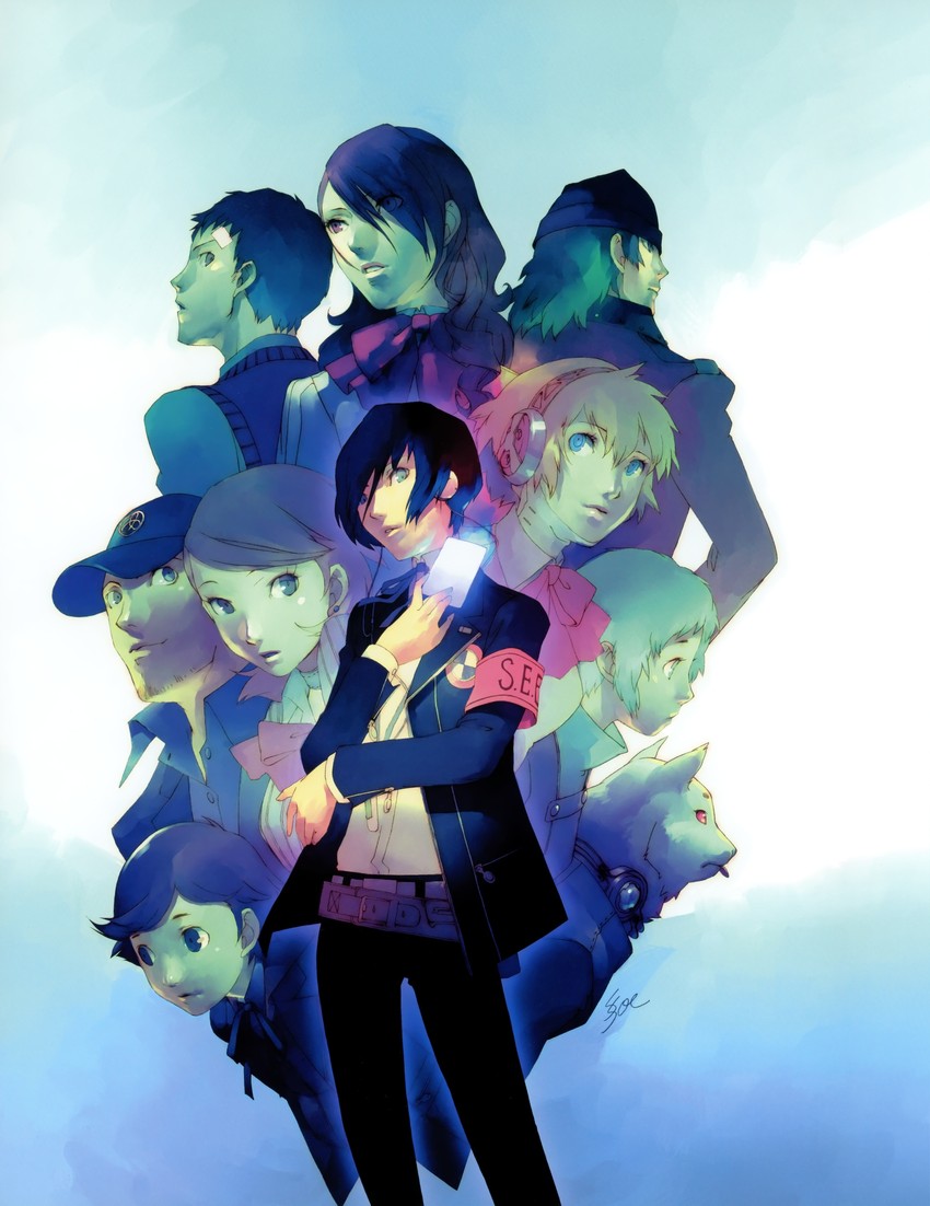 yuuki makoto, aigis, takeba yukari, kirijou mitsuru, yamagishi fuuka, and 5 more (persona and 1 more) drawn by soejima_shigenori