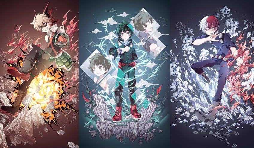 midoriya izuku, bakugou katsuki, and todoroki shoto (boku no hero academia) drawn by azure-aoi-