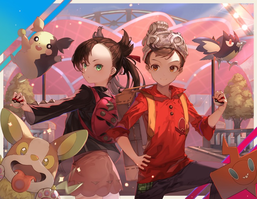 marnie, rotom, rotom phone, morpeko, victor, and 2 more (pokemon and 1 more) drawn by rice_ghost
