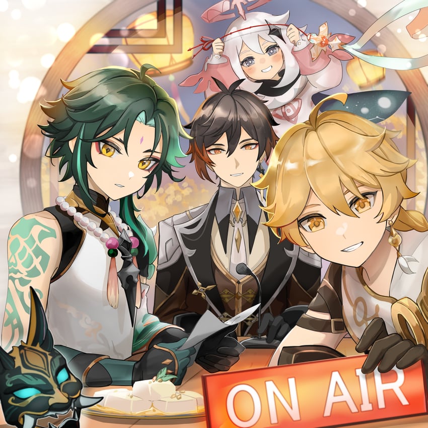 aether, zhongli, paimon, and xiao (genshin impact) drawn by okkobc