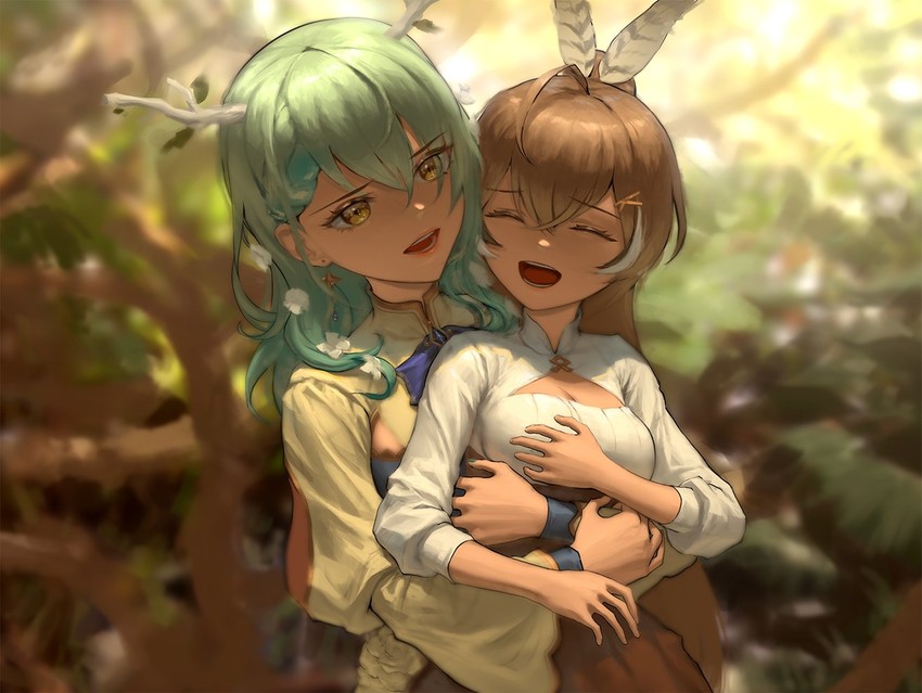 nanashi mumei and ceres fauna (hololive and 1 more) drawn by infi