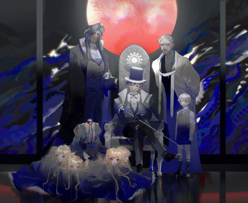 klein moretti, azik eggers, will auceptin ceres, reinette tinekerr, and pallez zoroast (lord of the mysteries) drawn by s_xing_guowang