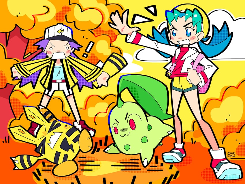 kris, chikorita, elekid, and casey (pokemon and 1 more) drawn by bourbunbun