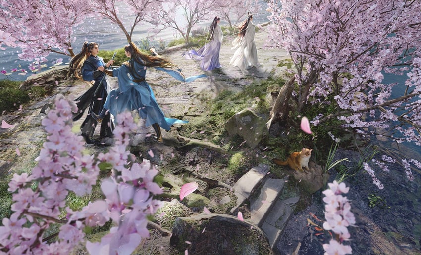 chu wanning, mo ran, xue meng, and shi mei (erha he ta de bai mao shizun) drawn by jianya_chi
