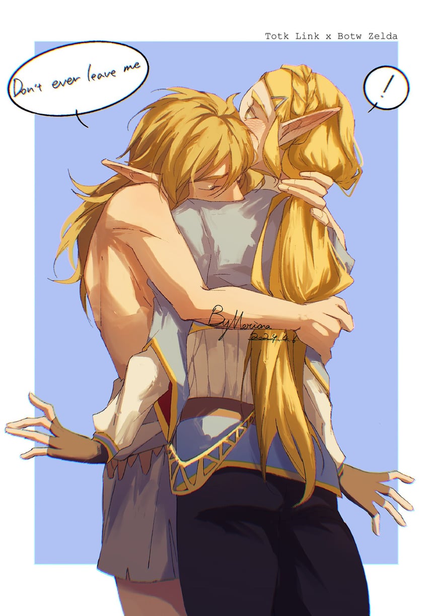 link and princess zelda (the legend of zelda and 2 more) drawn by merianaka