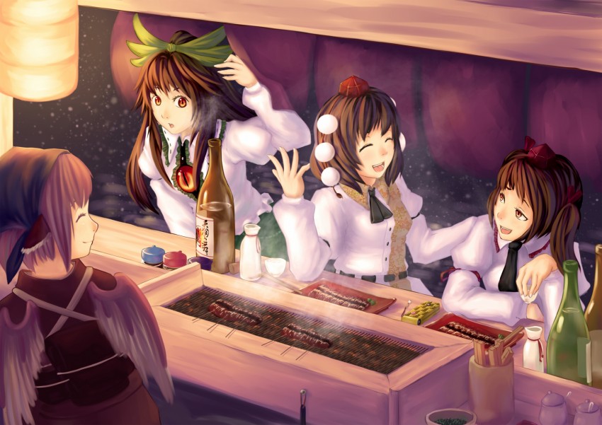 shameimaru aya, reiuji utsuho, mystia lorelei, himekaidou hatate, and okamisty (touhou) drawn by wingedleek