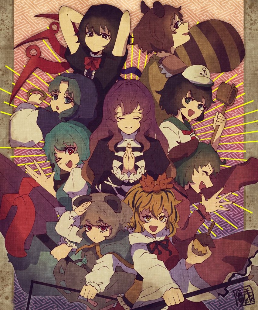 tatara kogasa, nazrin, hijiri byakuren, houjuu nue, toramaru shou, and 4 more (touhou) drawn by sokura_(mochichitose)