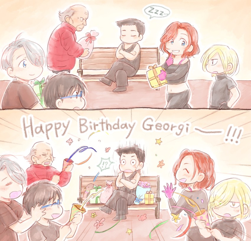 katsuki yuuri, viktor nikiforov, yuri plisetsky, mila babicheva, georgi popovich, and 1 more (yuri!!! on ice) drawn by takeshi_(mononohu20)