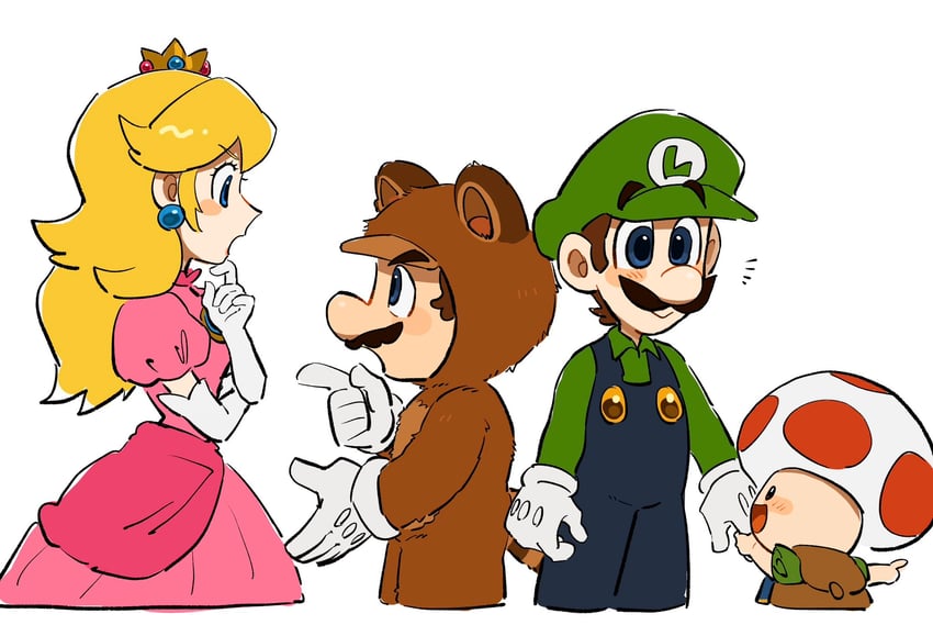 princess peach, mario, luigi, toad, and tanuki mario (mario and 1 more) drawn by mimimi_(mimimim9999)