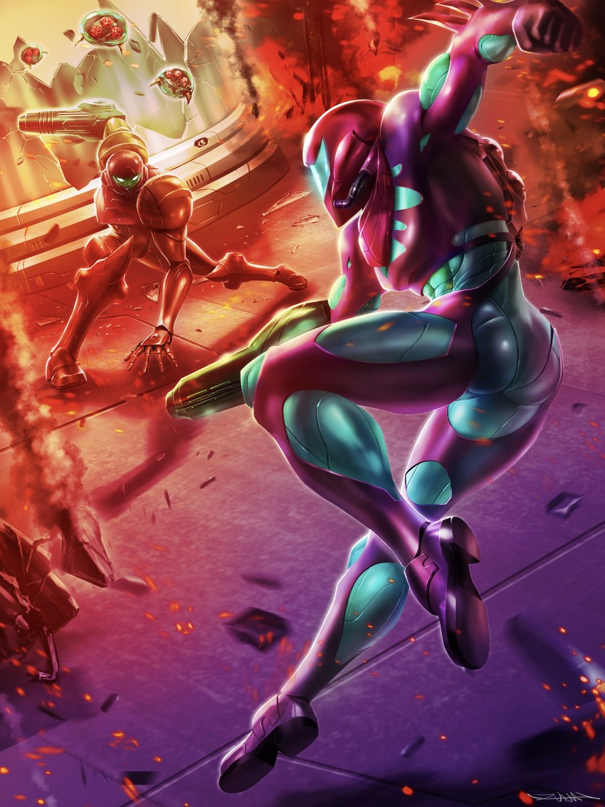 samus aran, metroid, metroid larva, and sa-x (metroid and 1 more) drawn by yasukuni_kazumasa