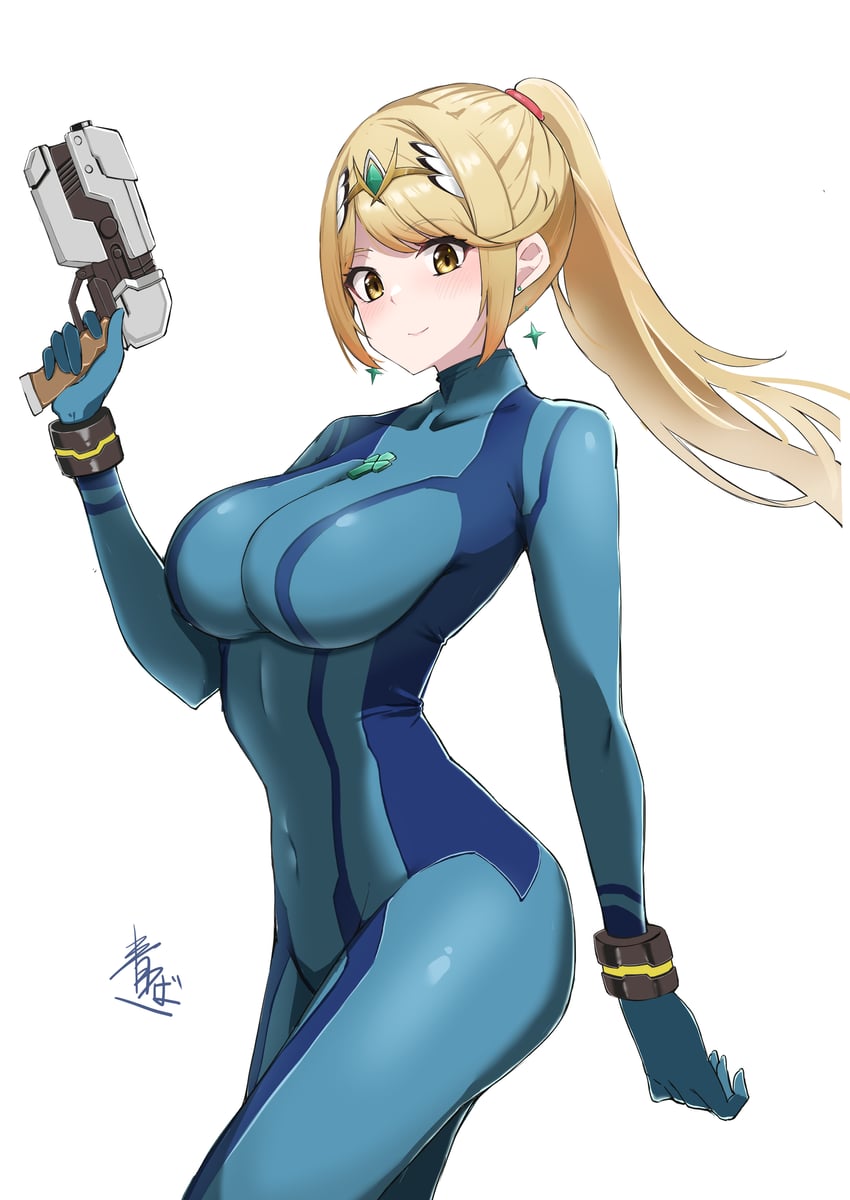 mythra and samus aran (xenoblade chronicles and 2 more) drawn by aotsuba