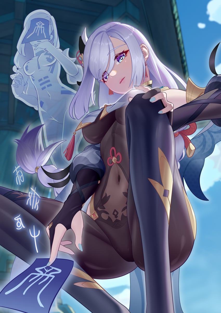 shenhe and shenhe's talisman spirit (genshin impact) drawn by shuumatsupopo