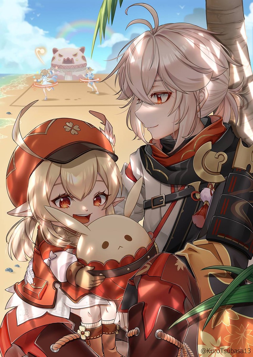 klee, kaedehara kazuha, barbara, jean, and jumpy dumpty (genshin impact) drawn by kuro_tsubasa