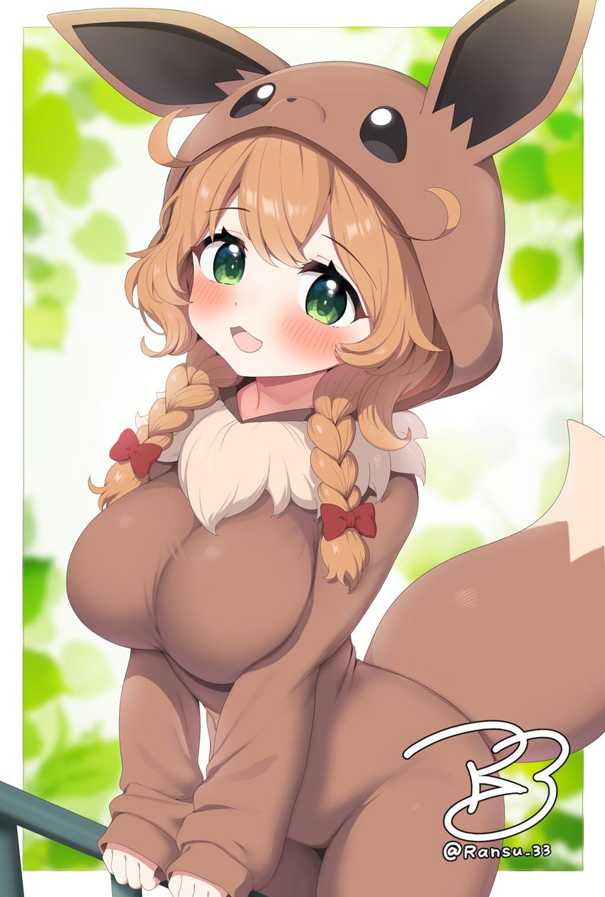 eevee and poke kid (pokemon and 1 more) drawn by ransusan