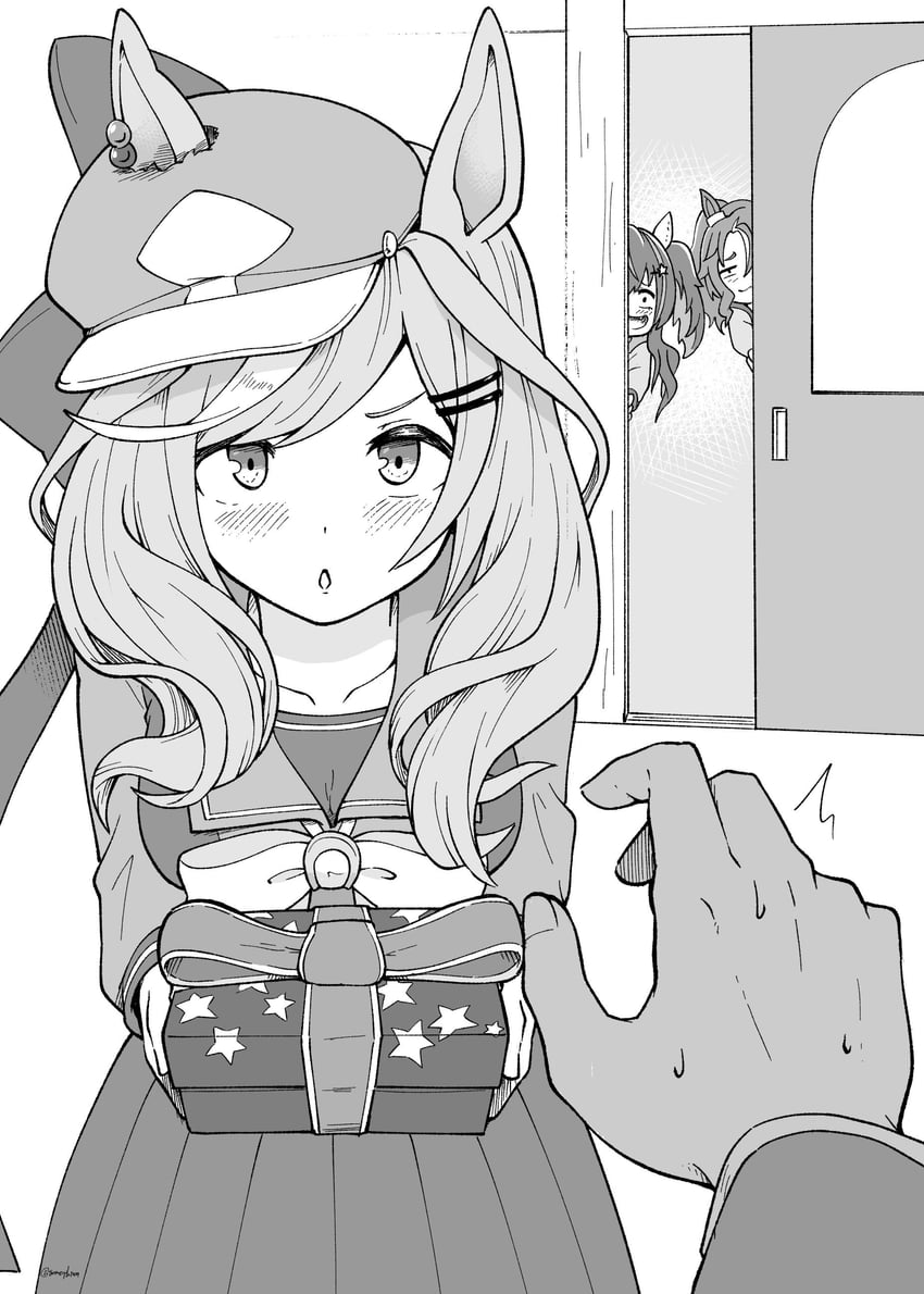 trainer, matikane tannhauser, daitaku helios, and mejiro palmer (umamusume) drawn by gomesu_(gomes0343)