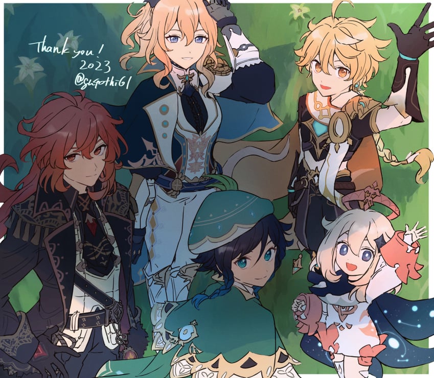 aether, venti, paimon, jean, and diluc (genshin impact) drawn by suitchi_(gn4othi61)
