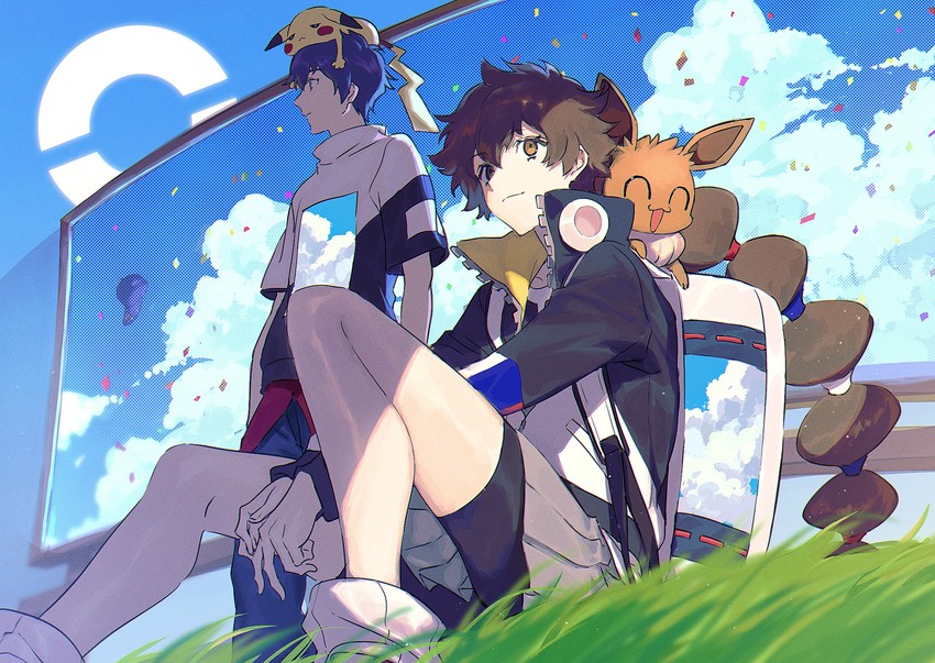 pikachu, eevee, gotcha! girl, and gotcha! boy (pokemon and 1 more) drawn by namakawa