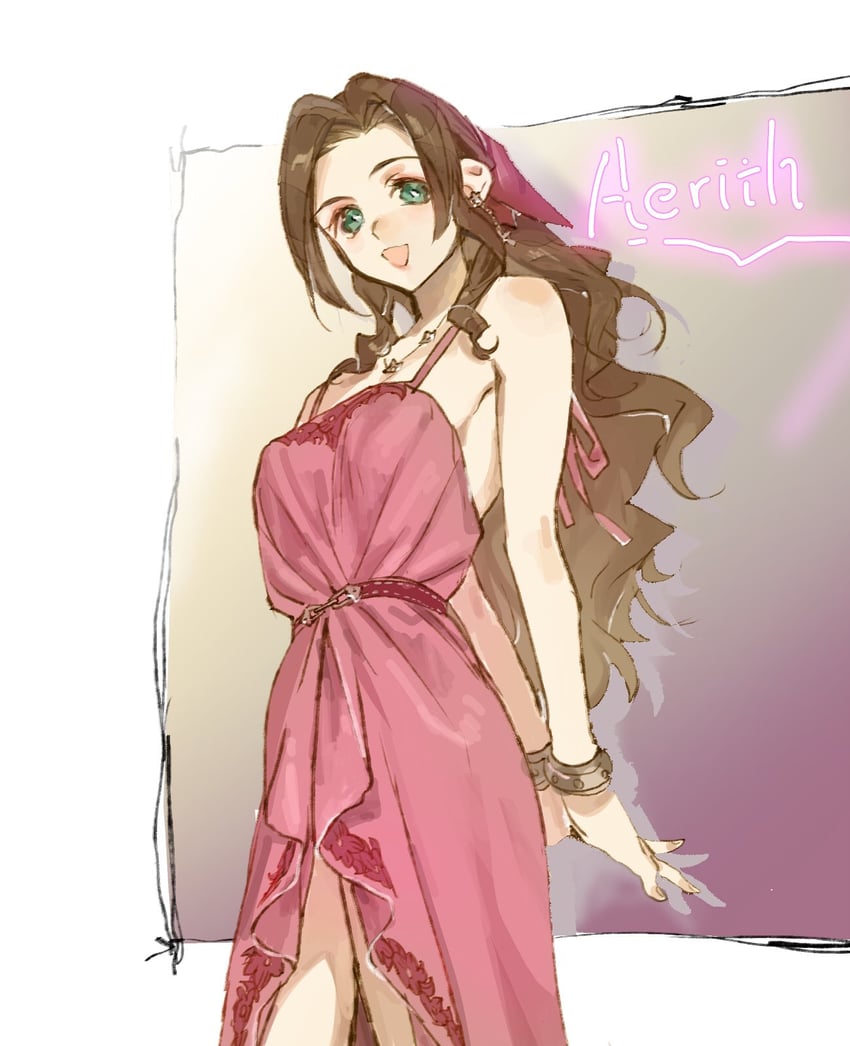 aerith gainsborough (final fantasy and 2 more) drawn by meameeea