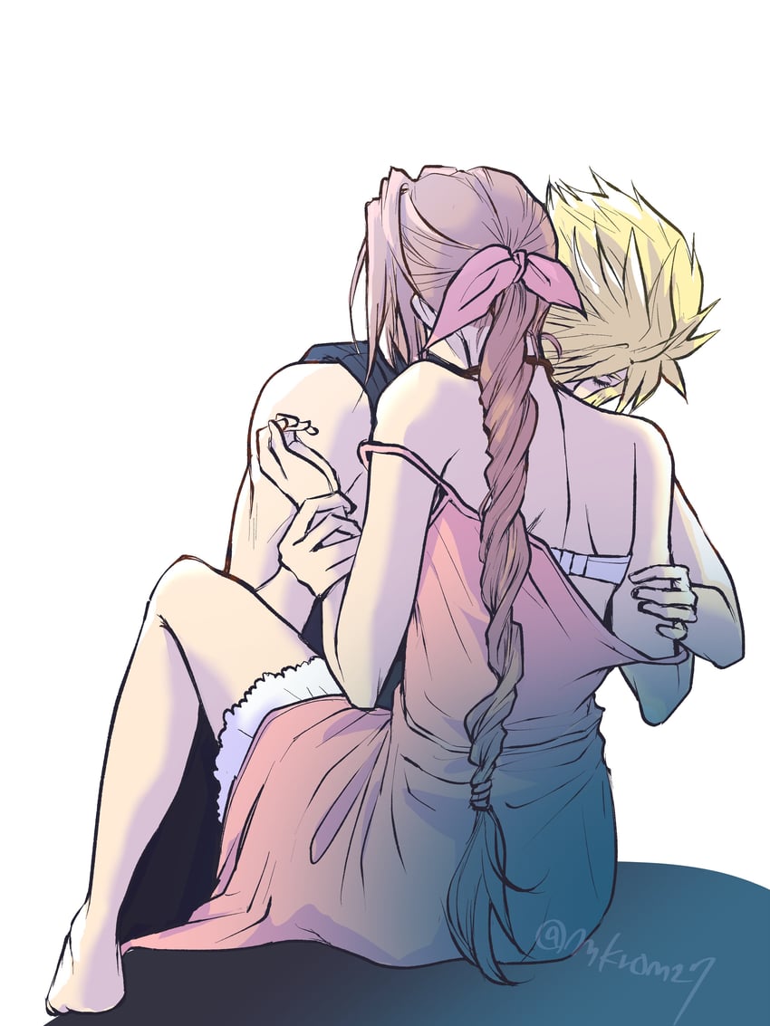cloud strife and aerith gainsborough (final fantasy and 2 more) drawn by makiron